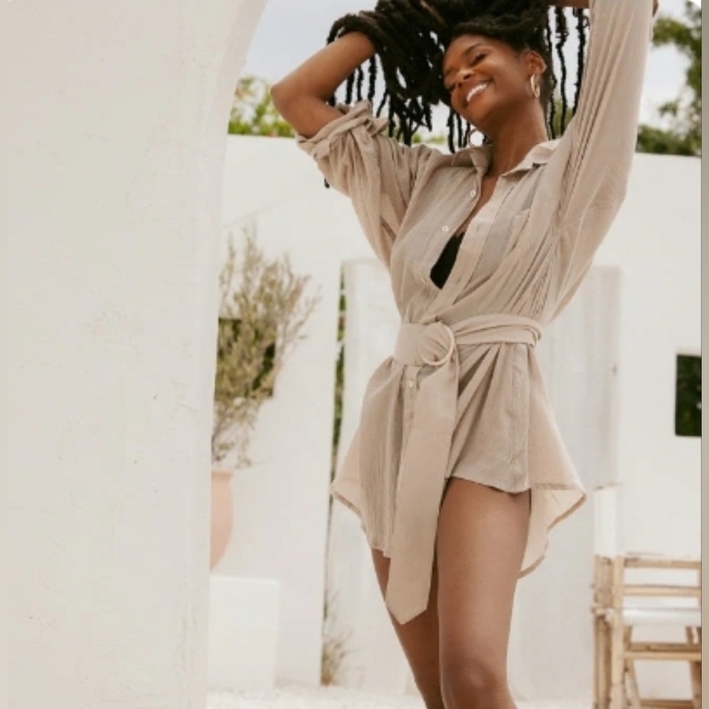 Popflex I Need a Vacation Shirt Dress w/ Pockets - Sand Dune (Tan/Beige) - 1X-3X